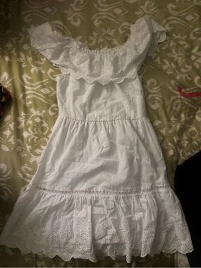 Blue Rain White Off-Shoulder Eyelet Mini Dress